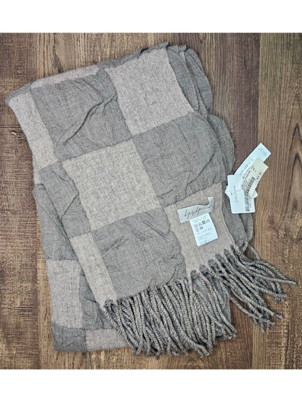 Yohji Yamamoto Wool Double Scarf Japan Checkerboard Patchwork Fringe Avant Garde